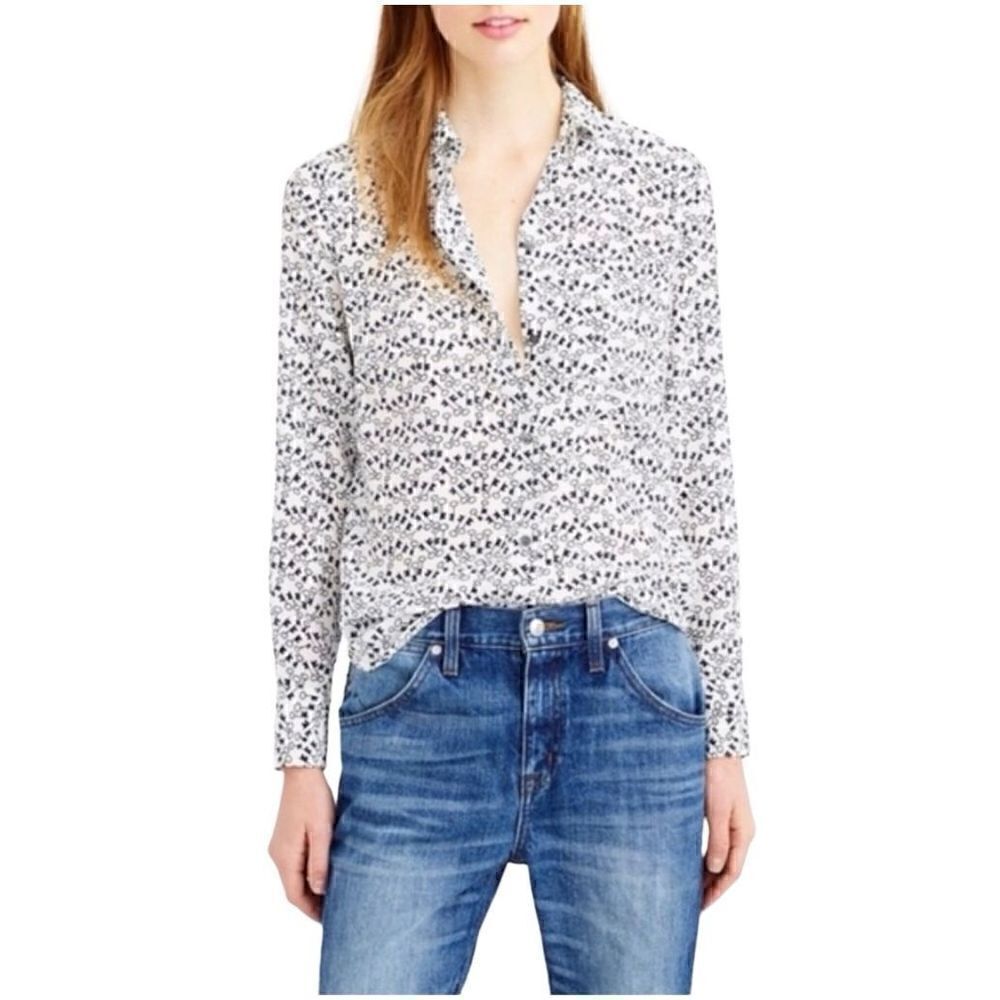 J. Crew classic silk button up blouse with Skelton key print black/white size 6